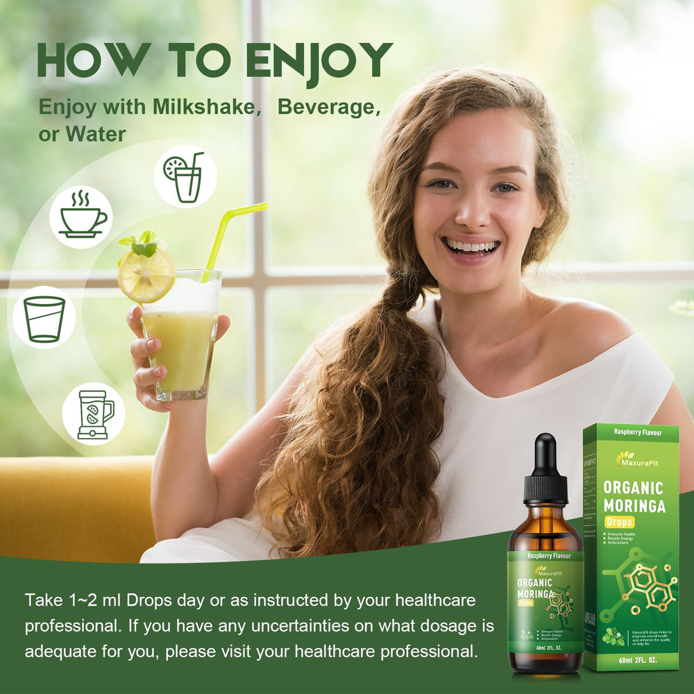 MaxuraFit Moringa Drops lifestyle setup with water.