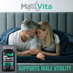MaxVita Prostate Premium ingredients scene highlighting saw palmetto and nettle.