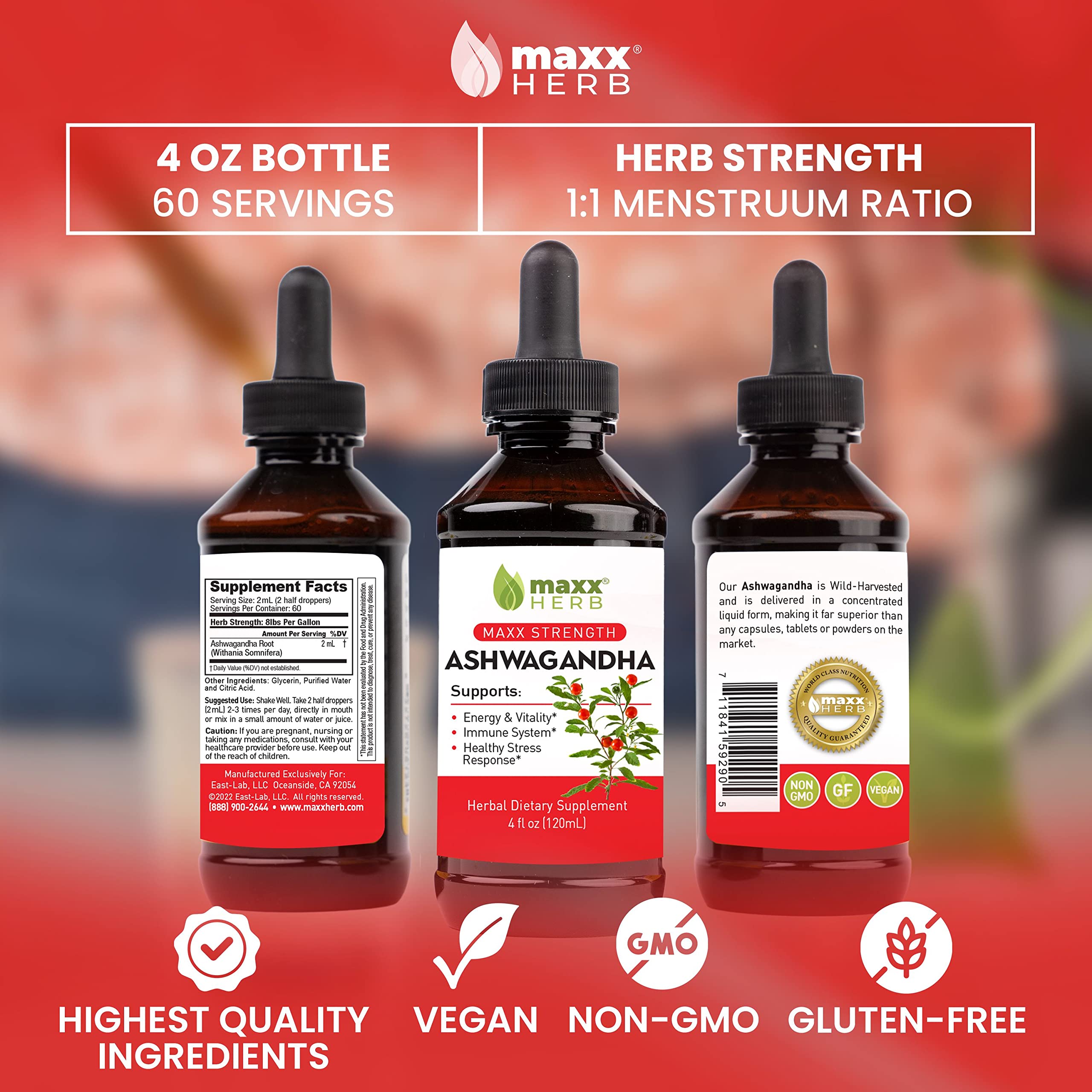 Close-up of Maxx Herb Ashwagandha label highlighting ingredients and quality