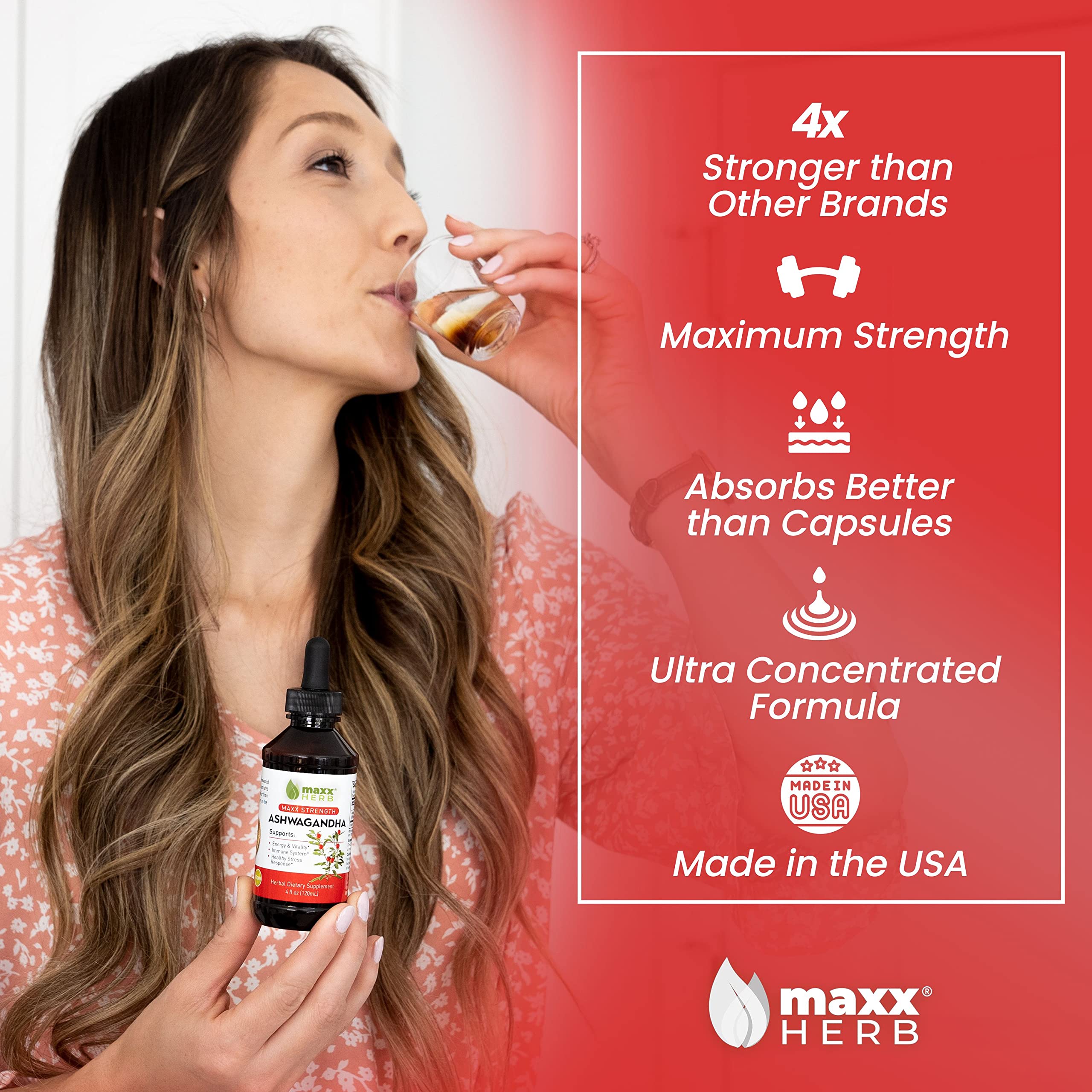 Maxx Herb Ashwagandha dropper pouring for easy, precise dosing