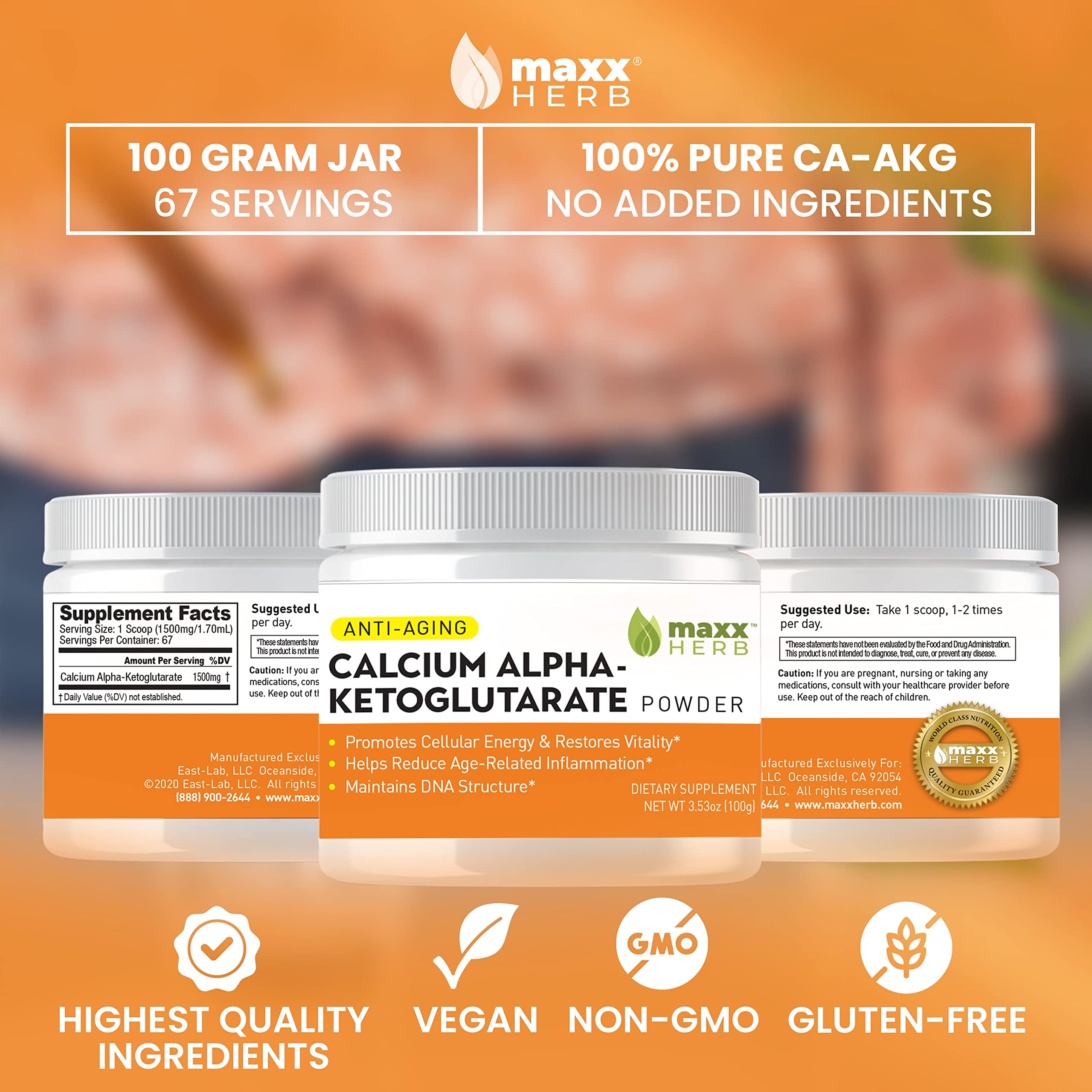 Gluten-free Maxx Herb Ca-AKG label on the jar
