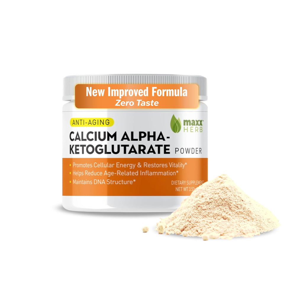 Maxx Herb Ca-AKG powder in a jar emphasizes purity and energy support.