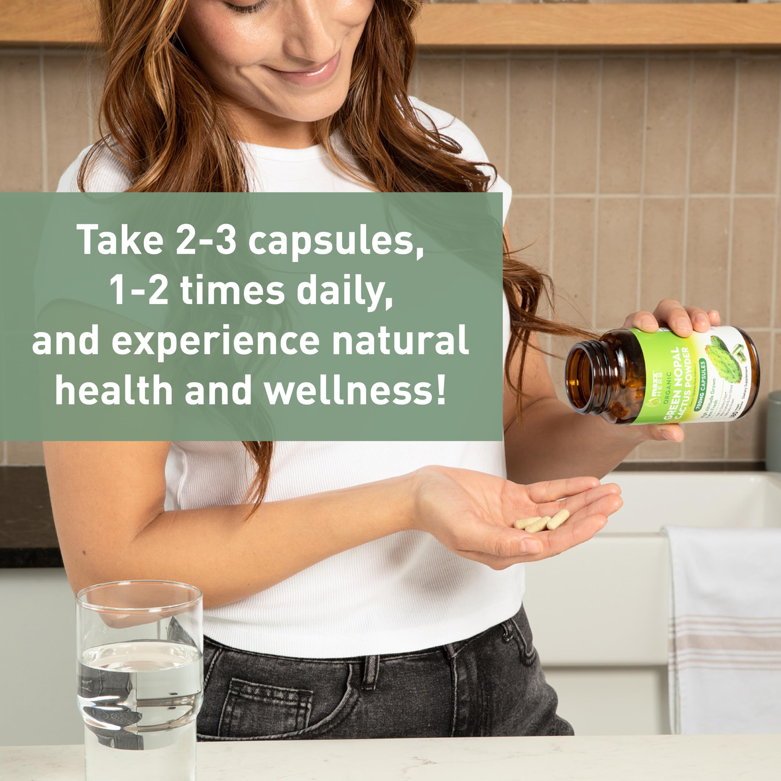 Maxx Herb Green Nopal Cactus Capsules in hand convey convenient daily supplementation.