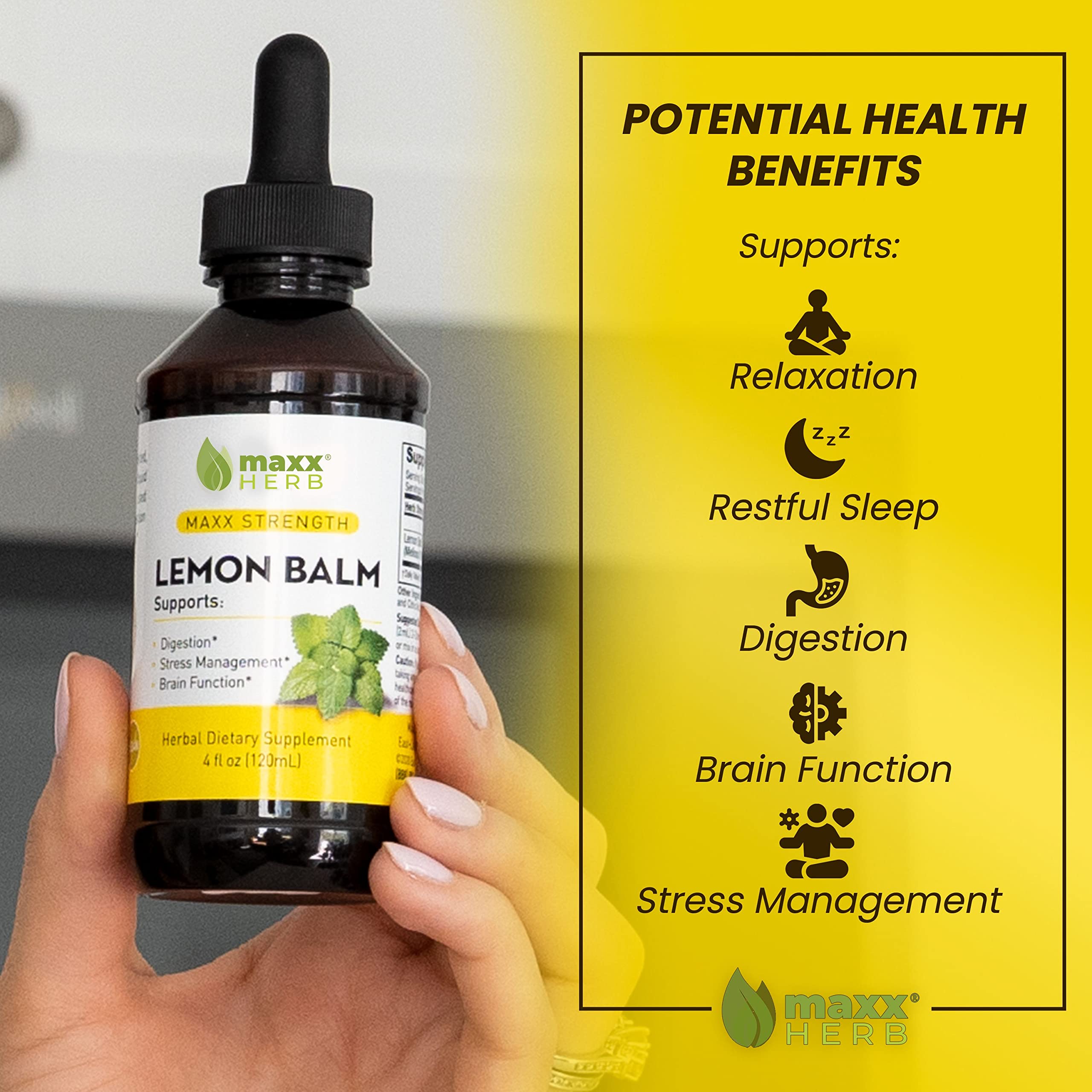 Close-up of Maxx Herb Lemon Balm Extract label highlighting potency