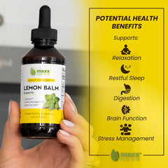 Close-up of Maxx Herb Lemon Balm Extract label highlighting potency