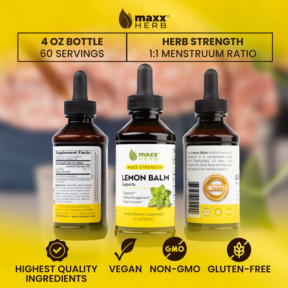 USA-made label on Maxx Herb Lemon Balm tincture signals trusted production standards.