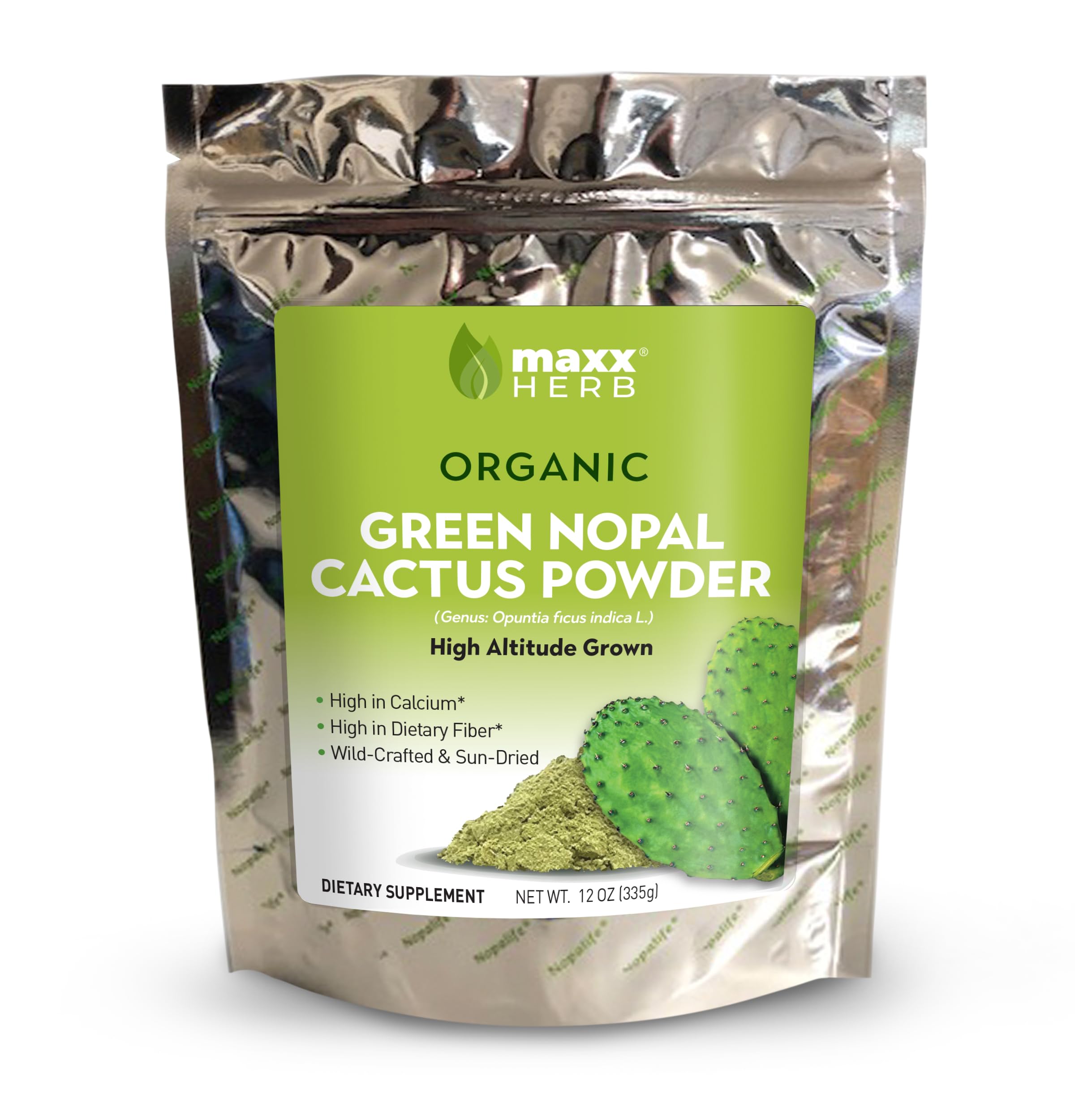 Maxx Herb Nopal powder with dried leaves indicating fiber rich formula