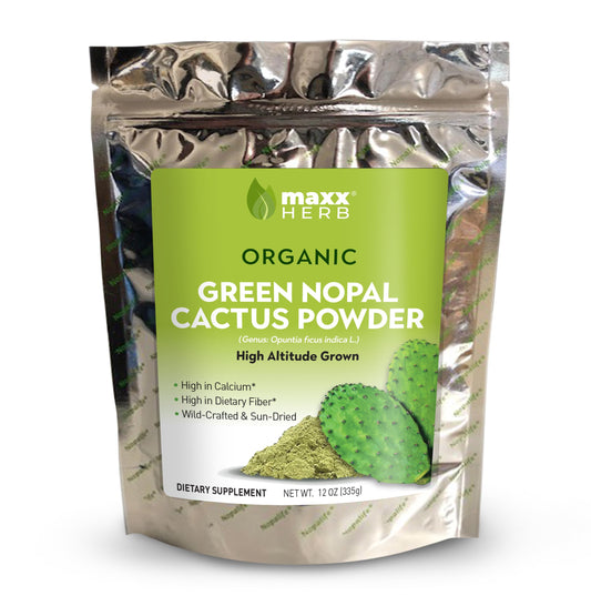 Maxx Herb Nopal powder with dried leaves indicating fiber rich formula