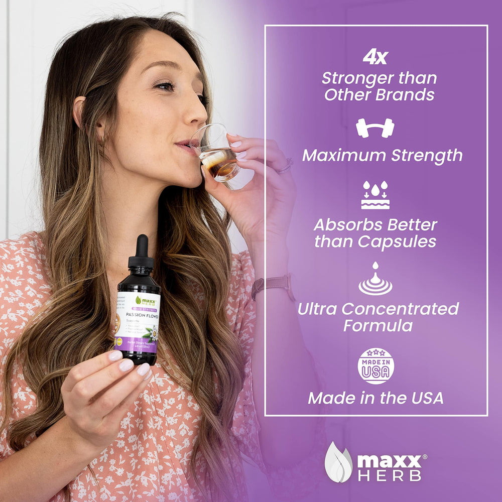 Maxx Herb Passion Flower dropper showing precise 2 mL servings for nighttime use.