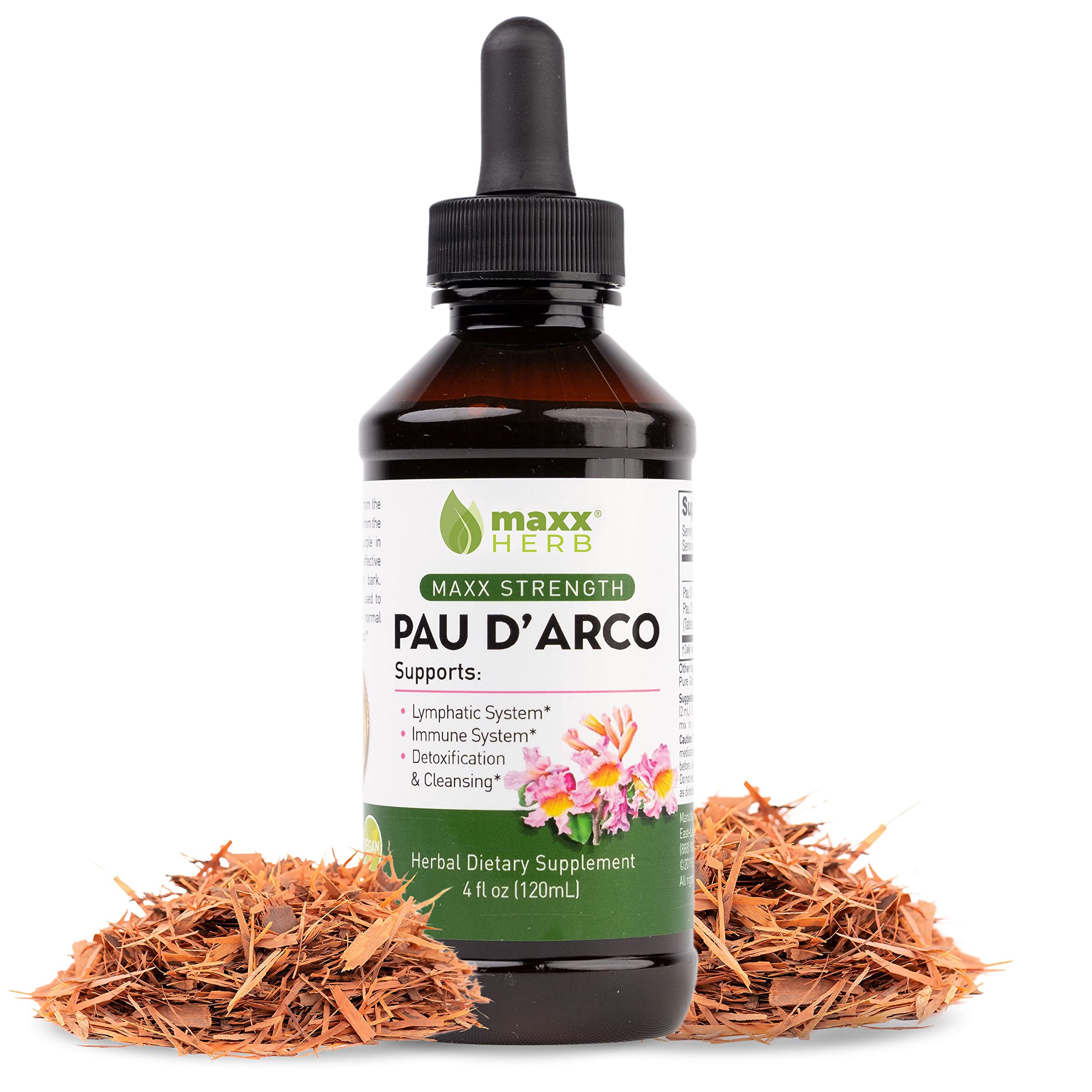 Maxx Herb Pau D'Arco tincture bottle highlighting inner bark potency and immune support potential