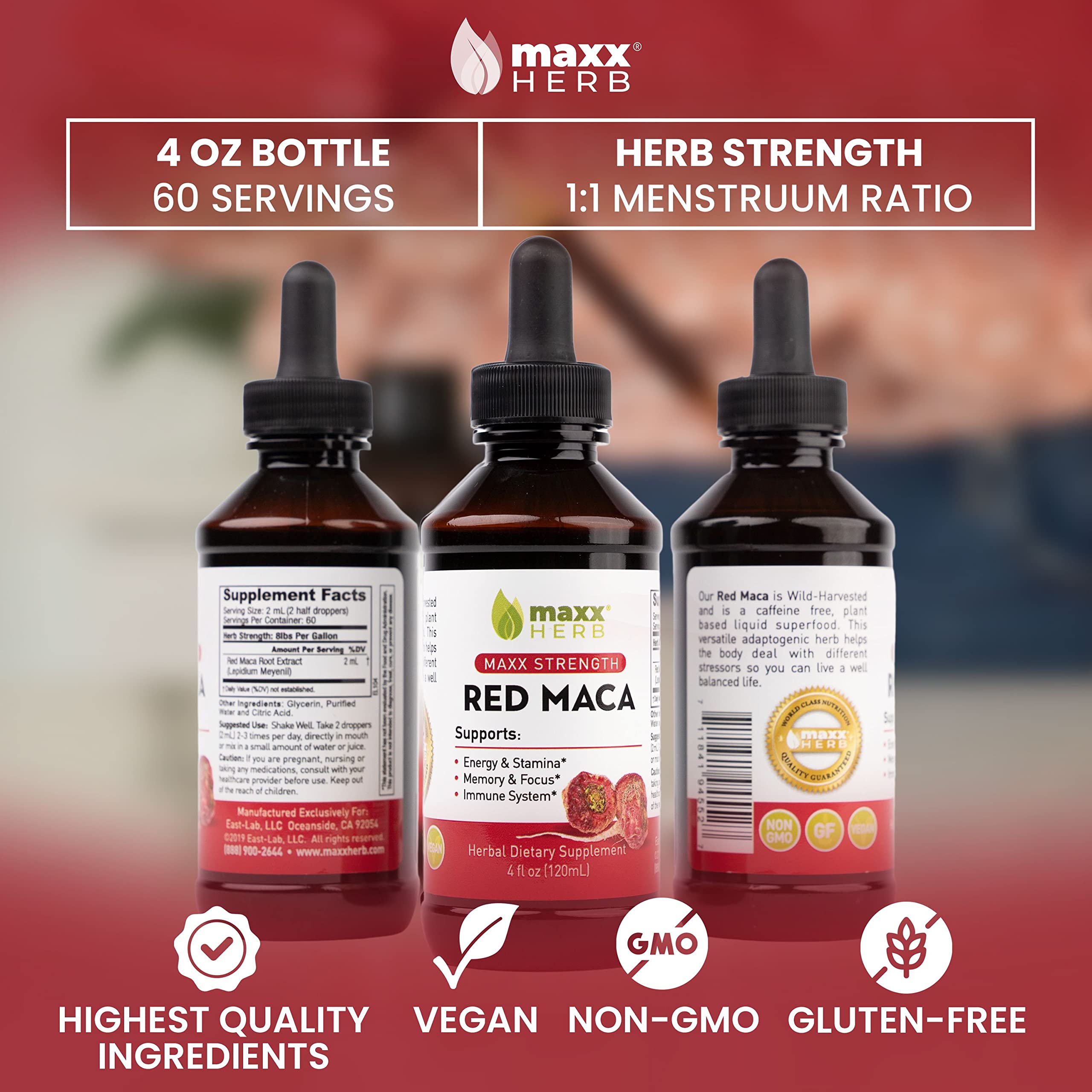 Maxx Herb Red Maca packaging highlights USA manufacturing and quality.