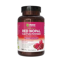 Maxx Herb Red Nopal capsules bottle back with dosage and calcium-rich fiber support.