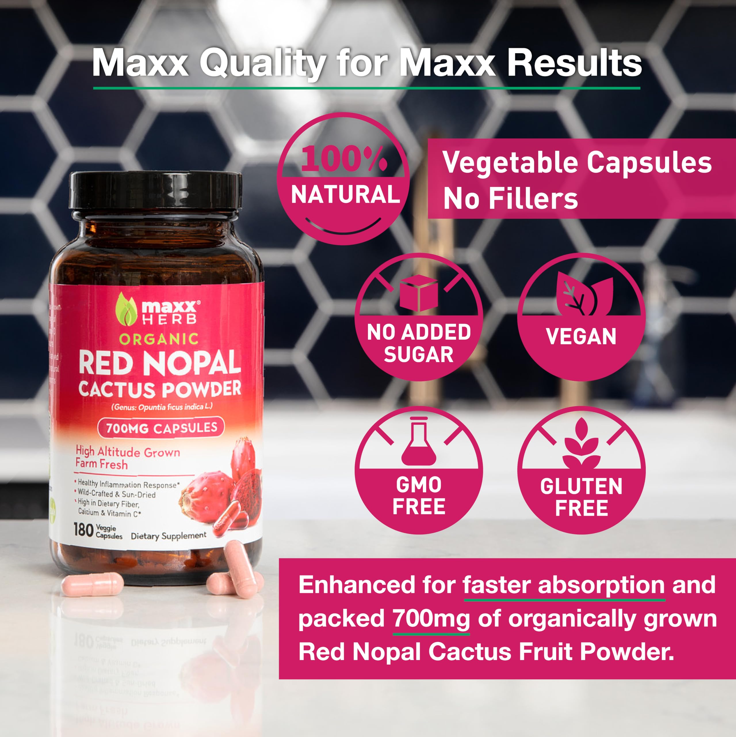Maxx Herb Red Nopal capsules in hand, easy daily dosage option.