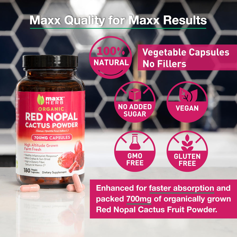 Maxx Herb Red Nopal capsules in hand, easy daily dosage option.