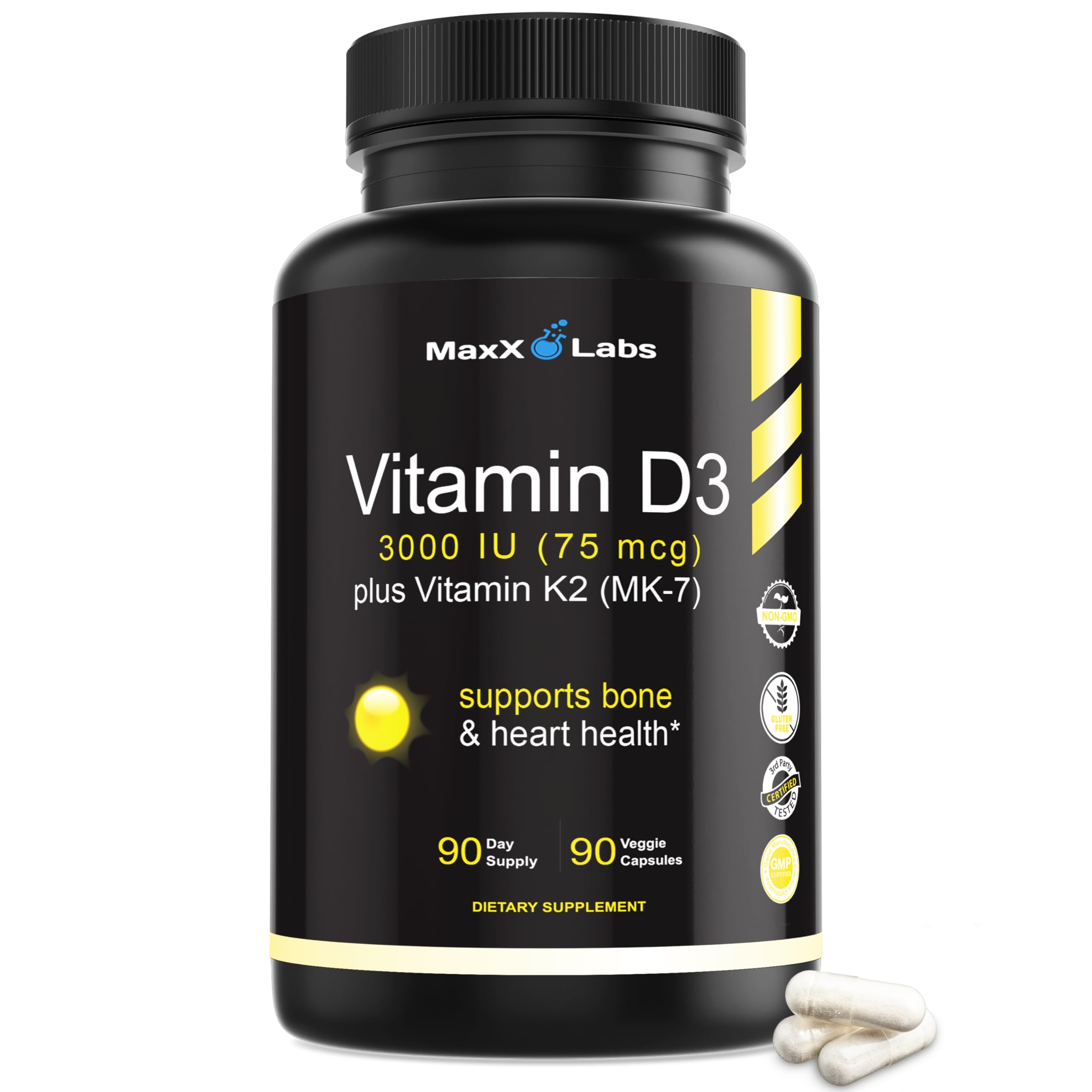 MaxX Labs Vitamin D3 K2 3000 IU bottle showcases bone-supporting capsule formula