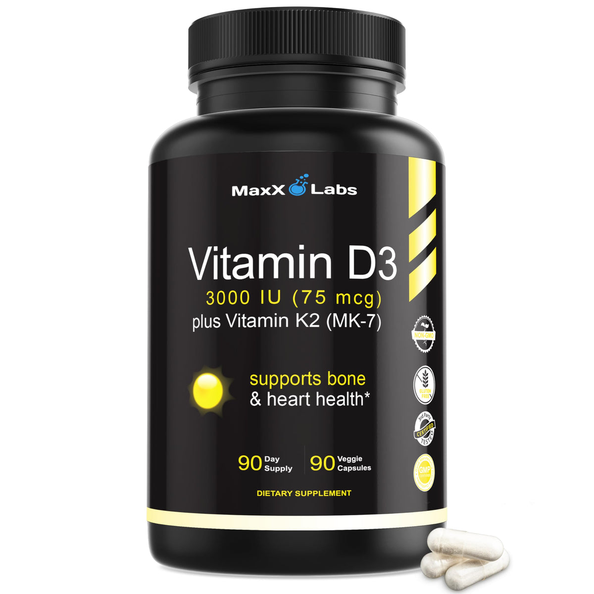 MaxX Labs Vitamin D3 K2 3000 IU bottle showcases bone-supporting capsule formula