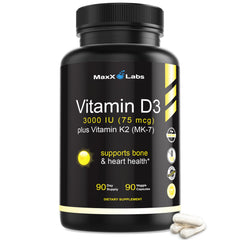 MaxX Labs Vitamin D3 K2 3000 IU bottle showcases bone-supporting capsule formula