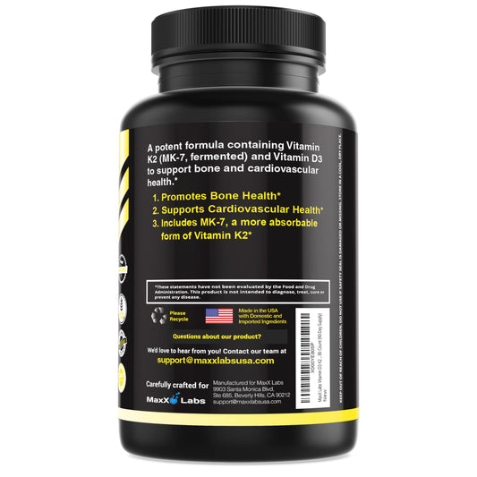 MaxX Labs capsules closeup shows D3 and MK-7 synergy for calcium metabolism