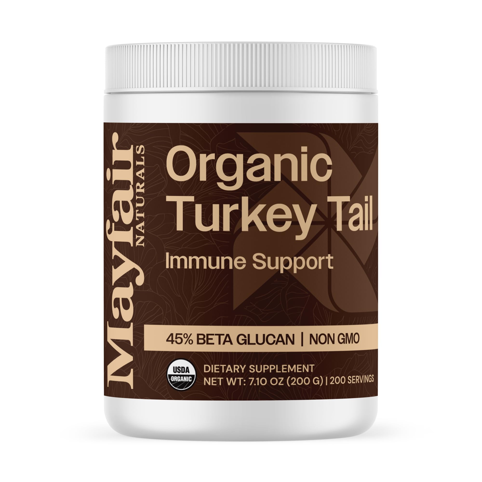 Mayfair Naturals turkey tail powder bottle for immune support and digestive wellness.