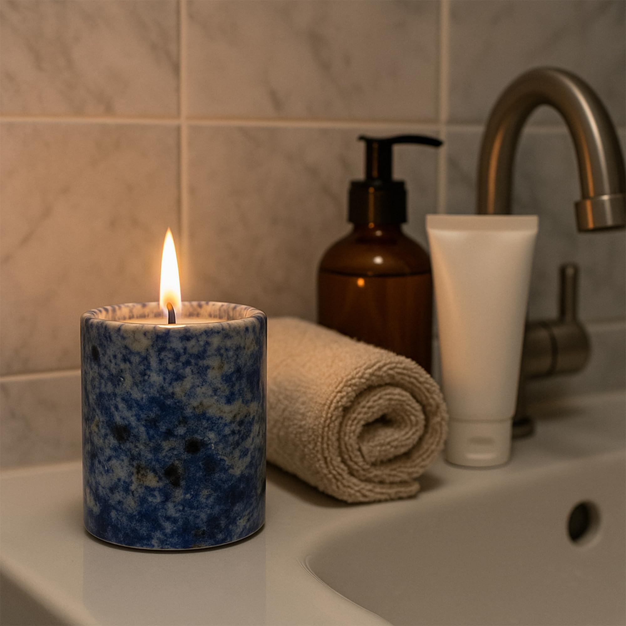 MAYROOM Blue Lapis Lazuli candle burning with soft glow and calming fragrance
