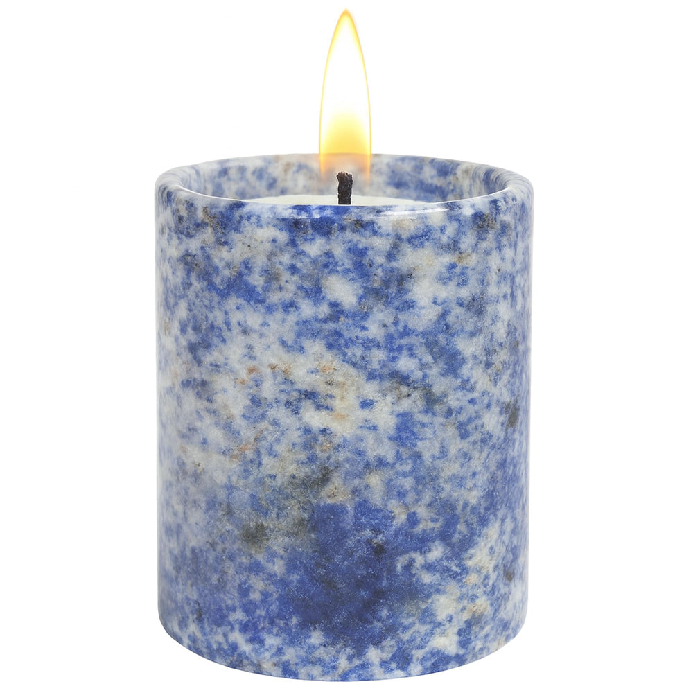MAYROOM Blue Lapis Lazuli candle close-up showing natural stone cup and texture for calm ambiance