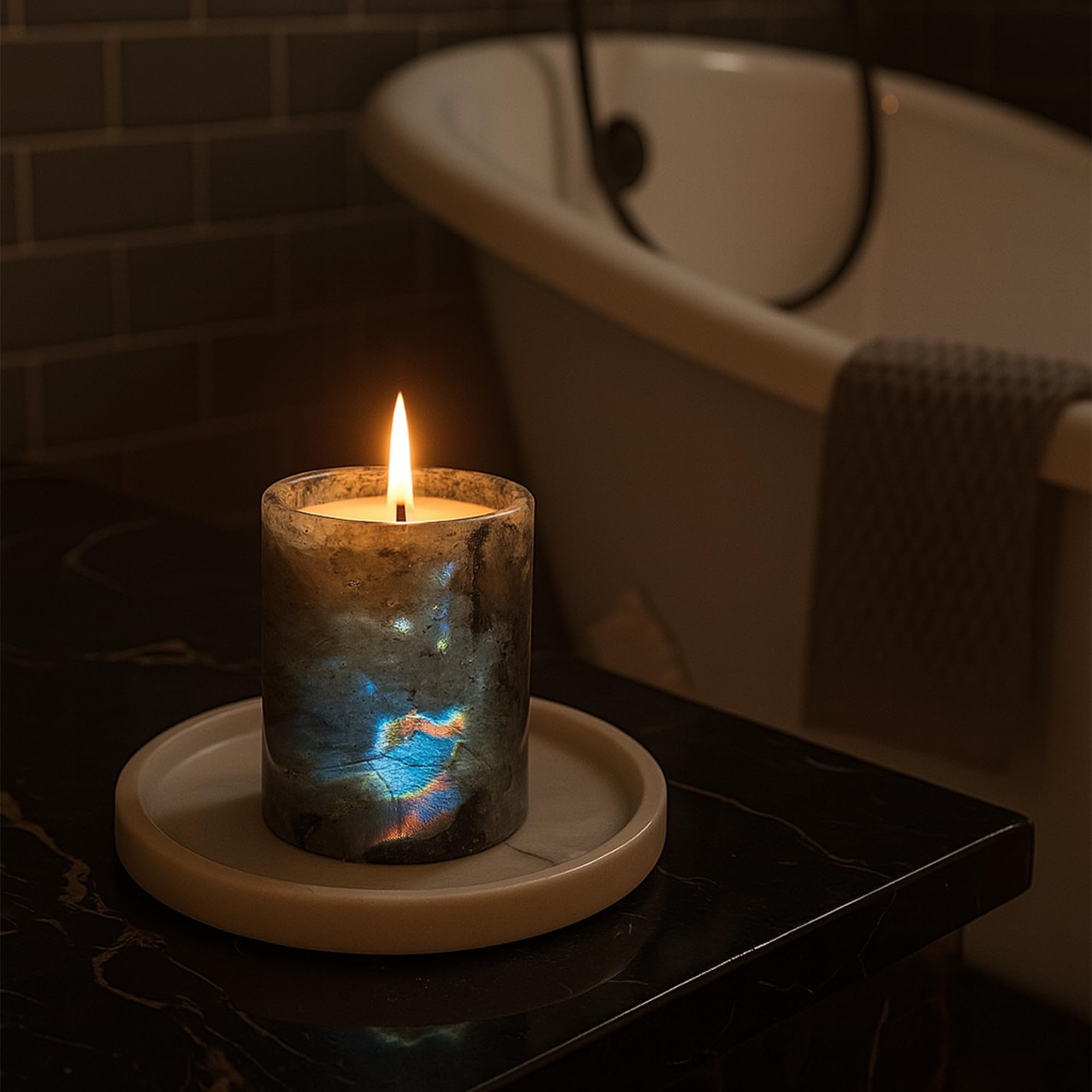 MAYROOM Labradorite candle enhances space with natural stone beauty.