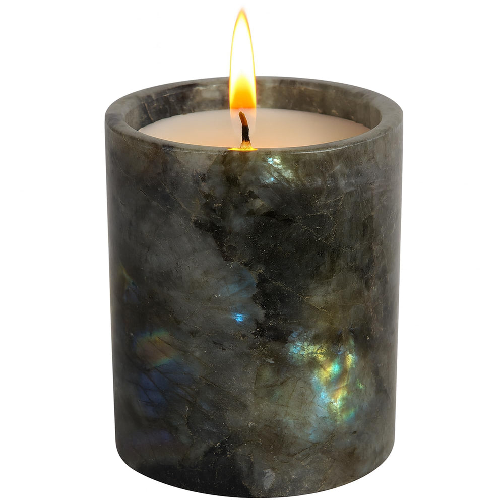MAYROOM Labradorite candle with crystal holder for meditation ambience.