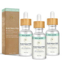 MAYU electrolyte drops three-bottle pack on shelf for convenient hydration