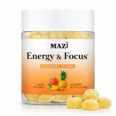 MAZI Energy & Focus gummies bottle close-up showing crash-free energy cue