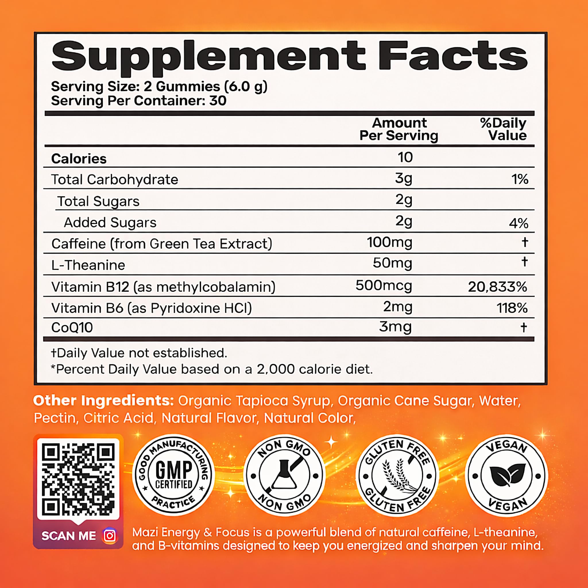 MAZI bottle label showing natural caffeine and B vitamins for daytime energy