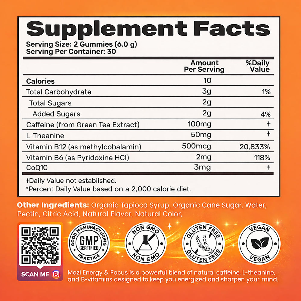 MAZI bottle label showing natural caffeine and B vitamins for daytime energy