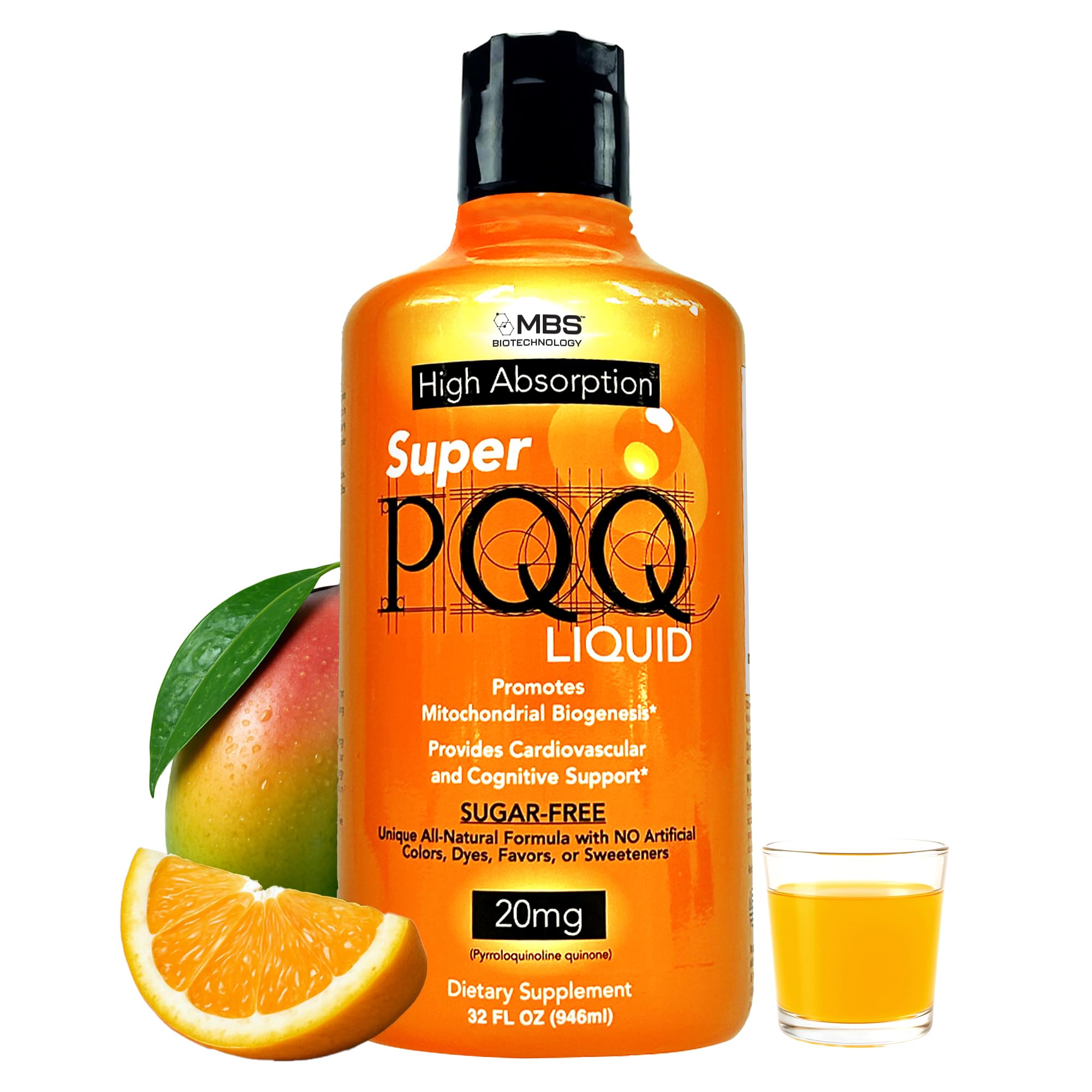 MBS Biotechnology Super PQQ Liquid bottle showing 20 mg PQQ for mitochondrial support.