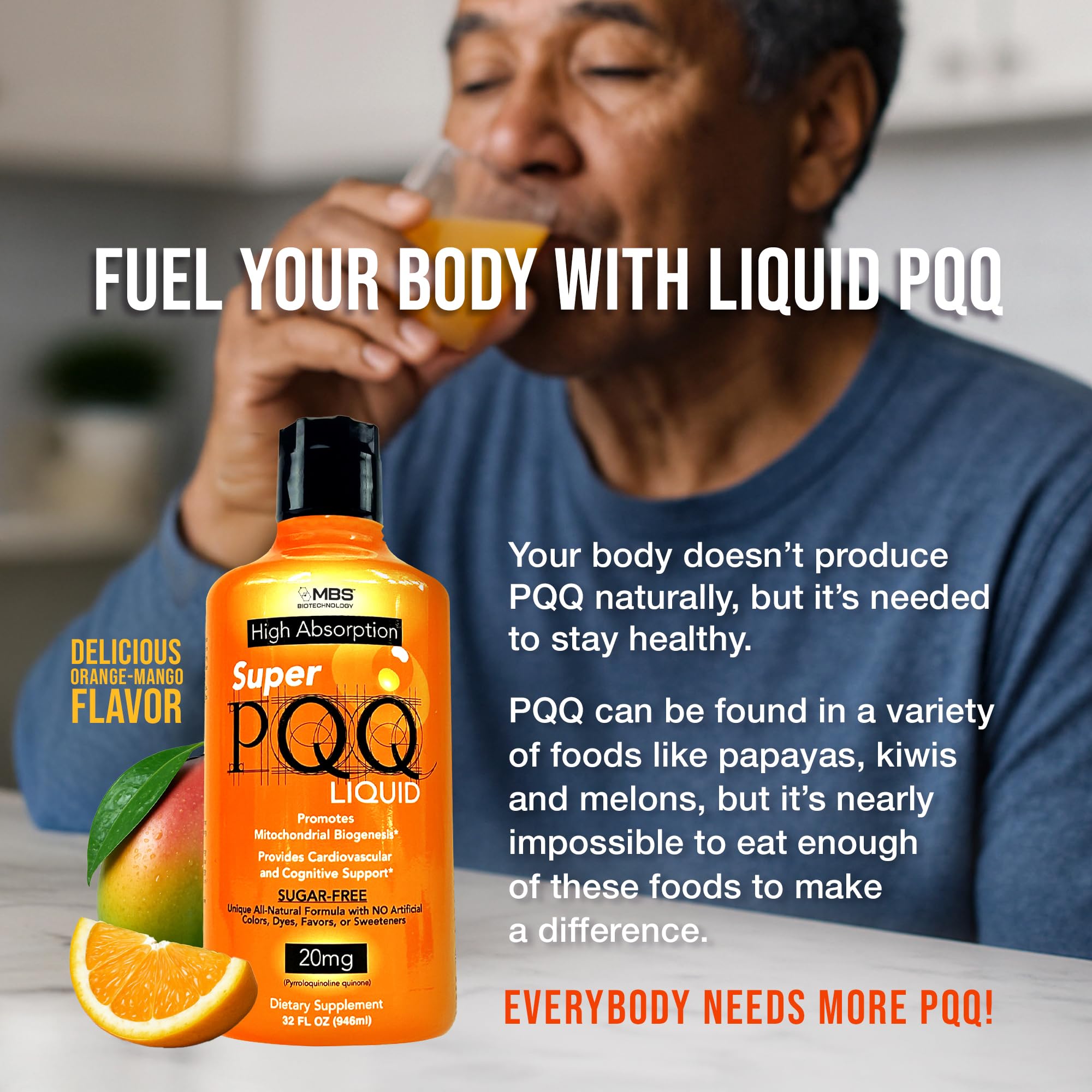 Heart health emphasis with MBS Biotechnology PQQ Liquid bottle and chart.