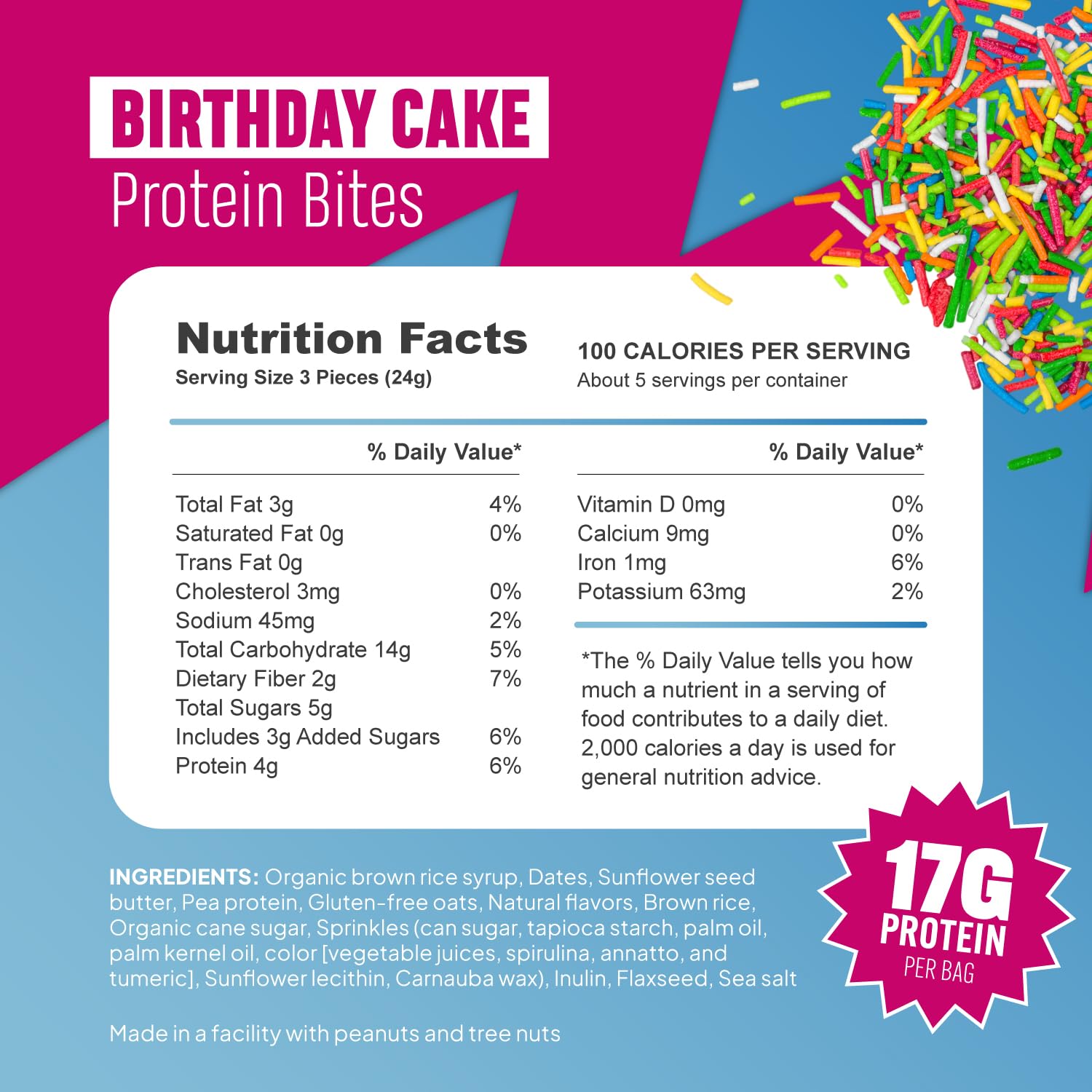 McCaffrey Protein Bites Birthday Cake bag closeup highlights texture.