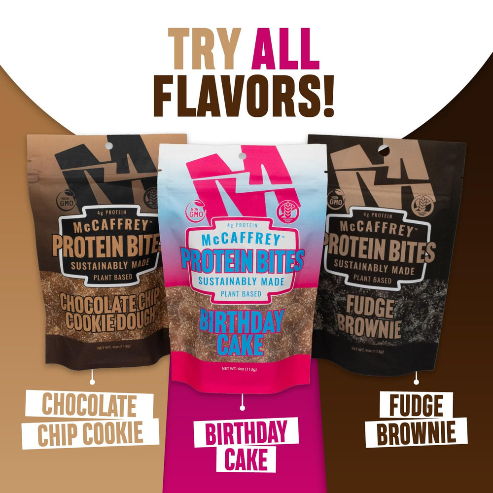 McCaffrey Protein Bites Birthday Cake gluten-free icon signals allergy-friendly option.