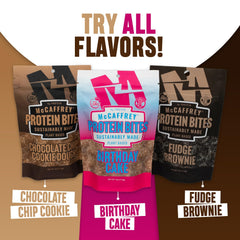 McCaffrey Protein Bites Birthday Cake gluten-free icon signals allergy-friendly option.