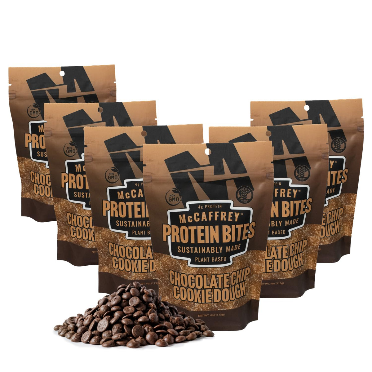 MCCAFFREY PROTEIN BITES chocolate chip cookie dough bag front – gluten-free vegan snack