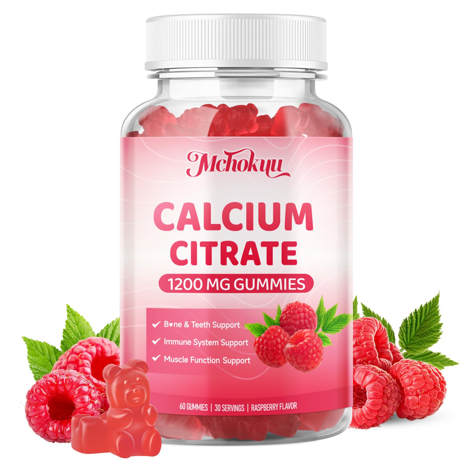 Mchokuu Calcium Citrate Gummies gluten-free non-GMO certification on pack.