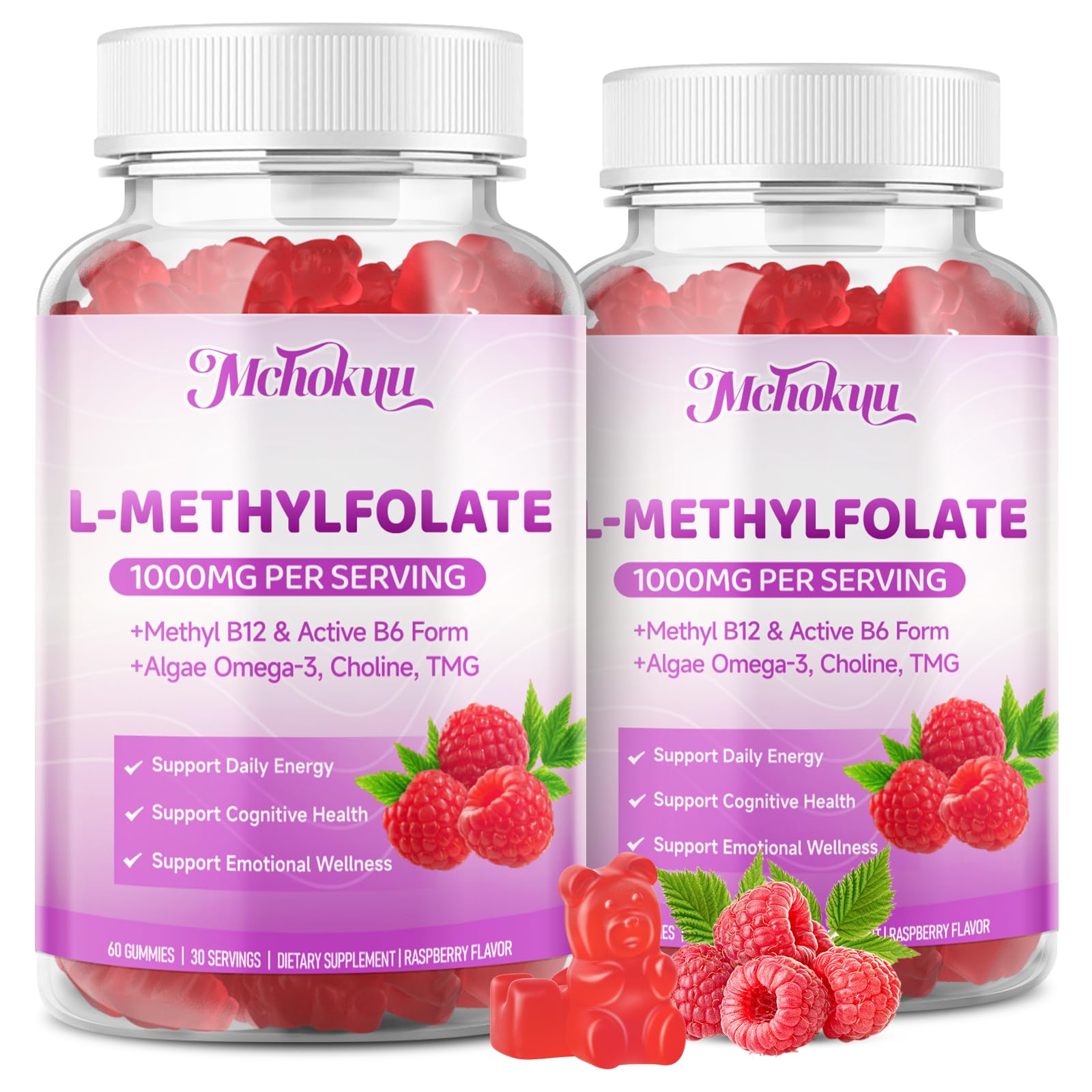 Mchokuu L-Methylfolate Gummies bottle highlights 1000mcg folate and vegan formula.