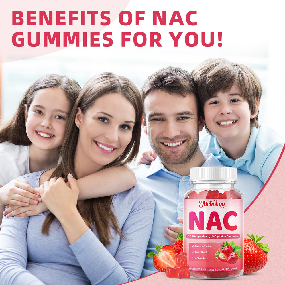 Mchokuu NAC gummies ingredients panel highlighting vegan and non-GMO attributes.