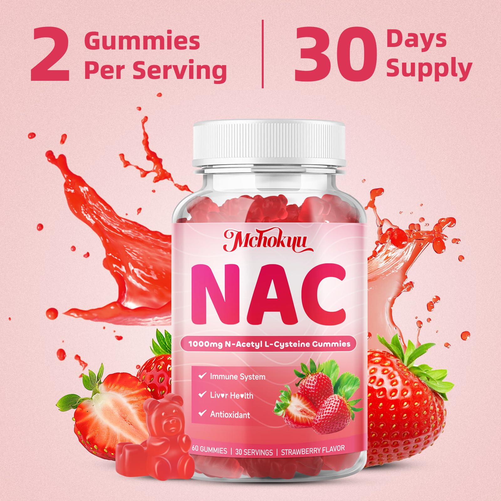 Mchokuu NAC gummies packaging display showing 60-count bottles and 120 gummies total.