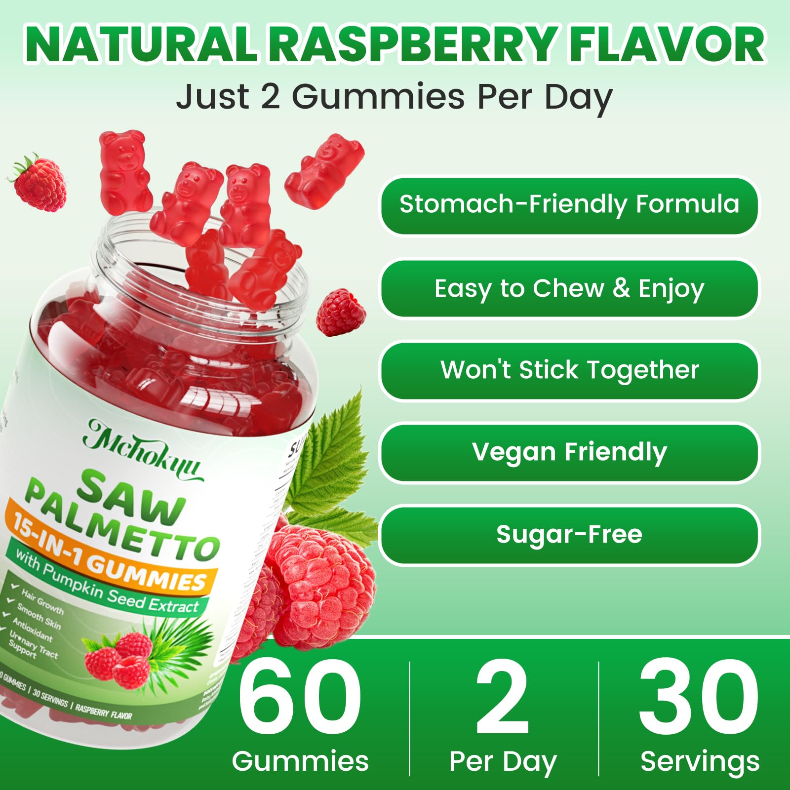 Mchokuu Saw Palmetto Gummies sugar-free-bottle suggests sugar-free formula.