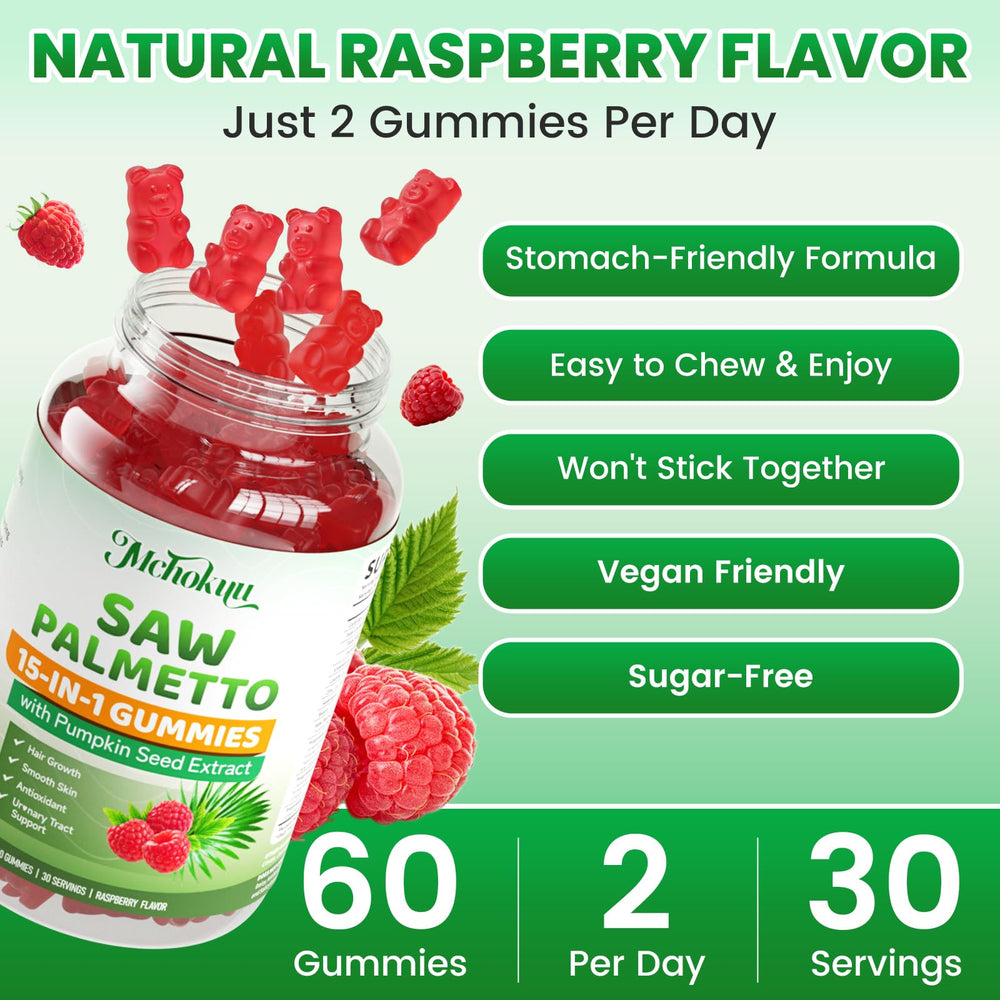 Mchokuu Saw Palmetto Gummies sugar-free-bottle suggests sugar-free formula.