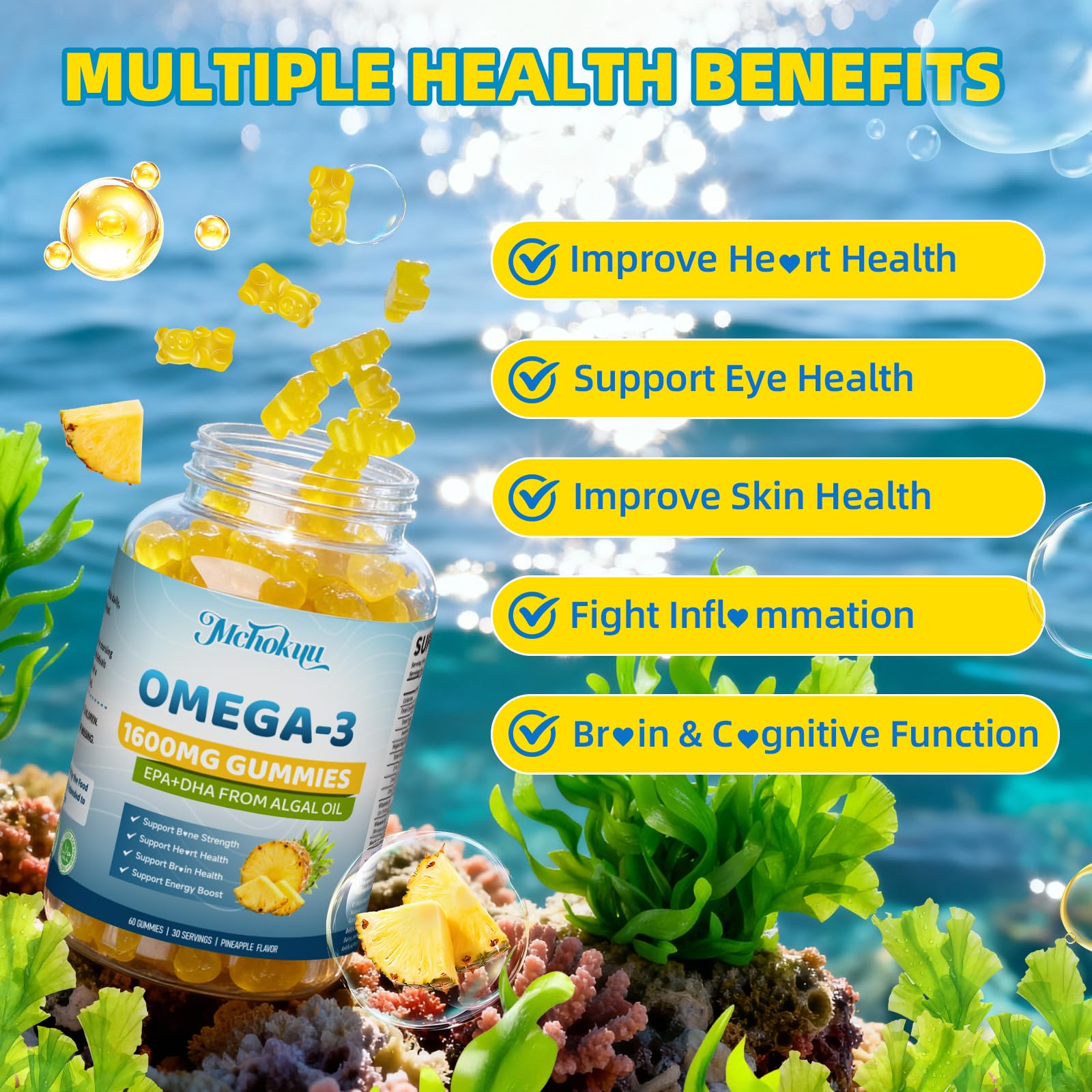 Mchokuu omega-3 bottle highlighting algal oil source