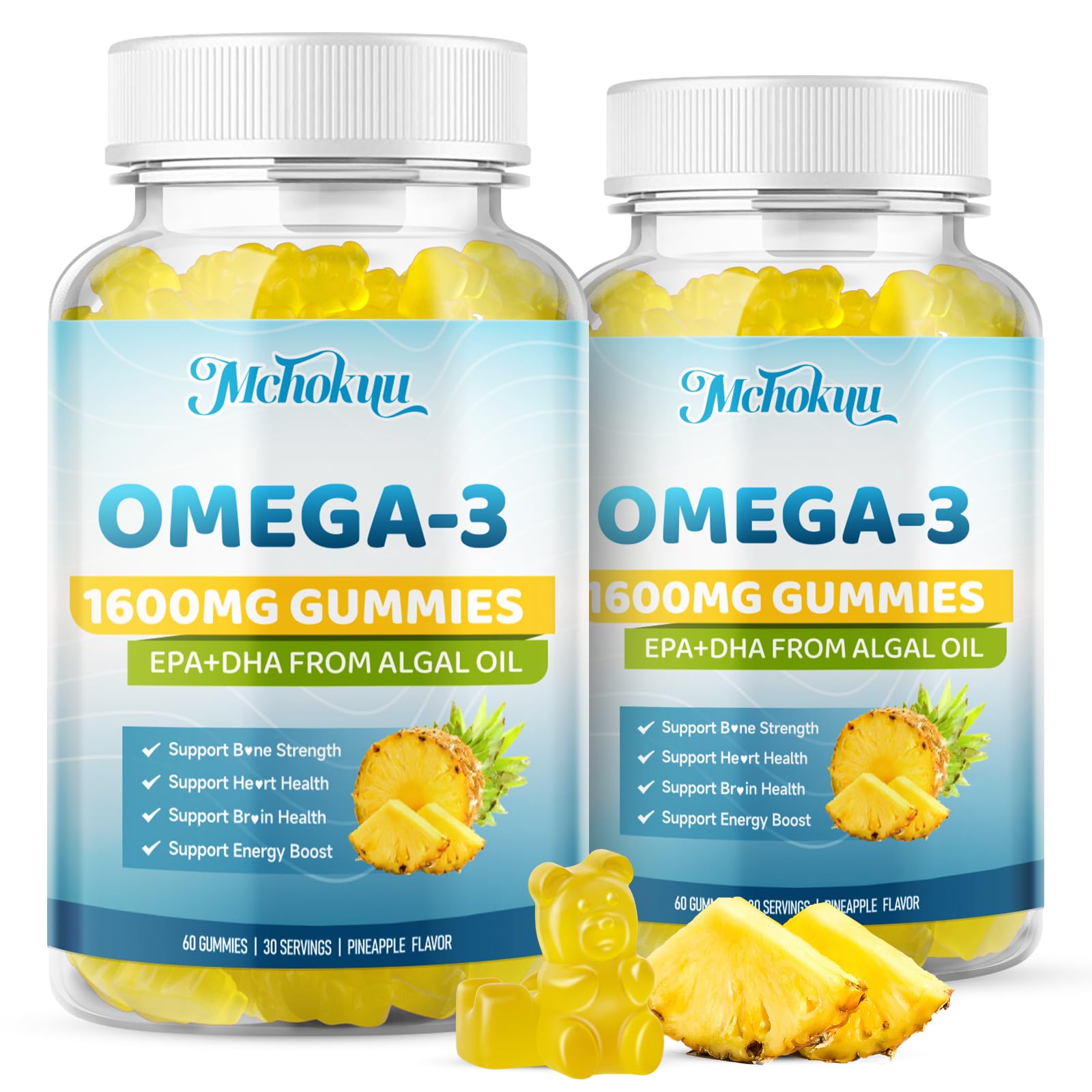 Mchokuu vegan omega-3 gummies pineapple bottle for daily wellness