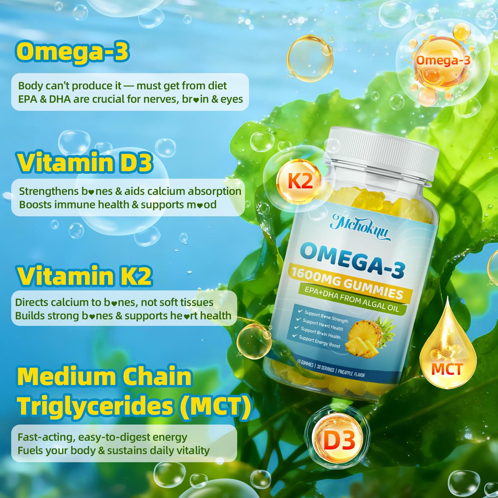 Two gummies serving showing EPA and DHA balance