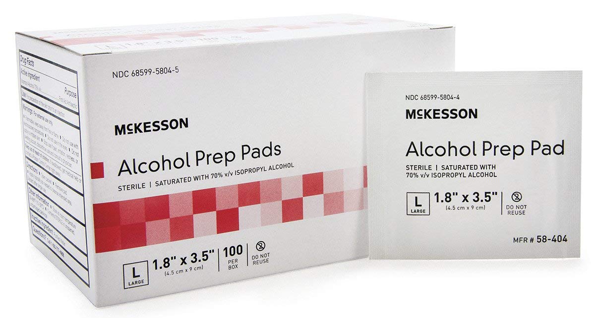 McKesson alcohol prep pad in a foil pouch for sterile skin prep.