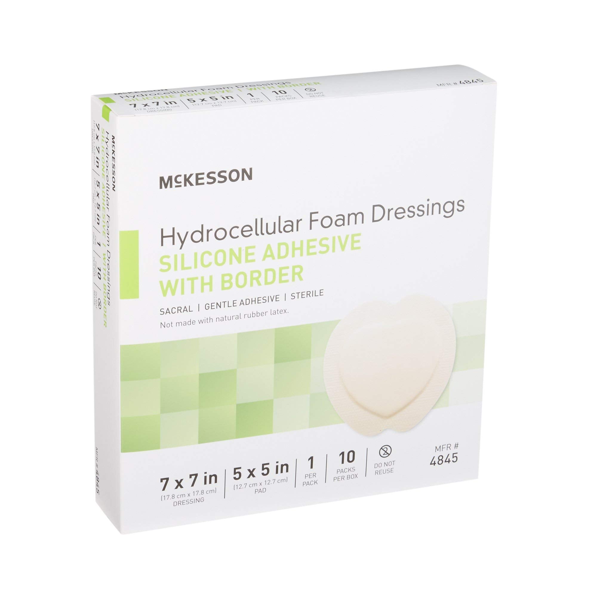 McKesson Hydrocellular Foam Dressing 7x7 inch size with 5x5 inch pad.