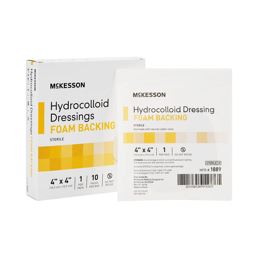 McKesson hydrocolloid dressings with foam backing packaging for sterile use.