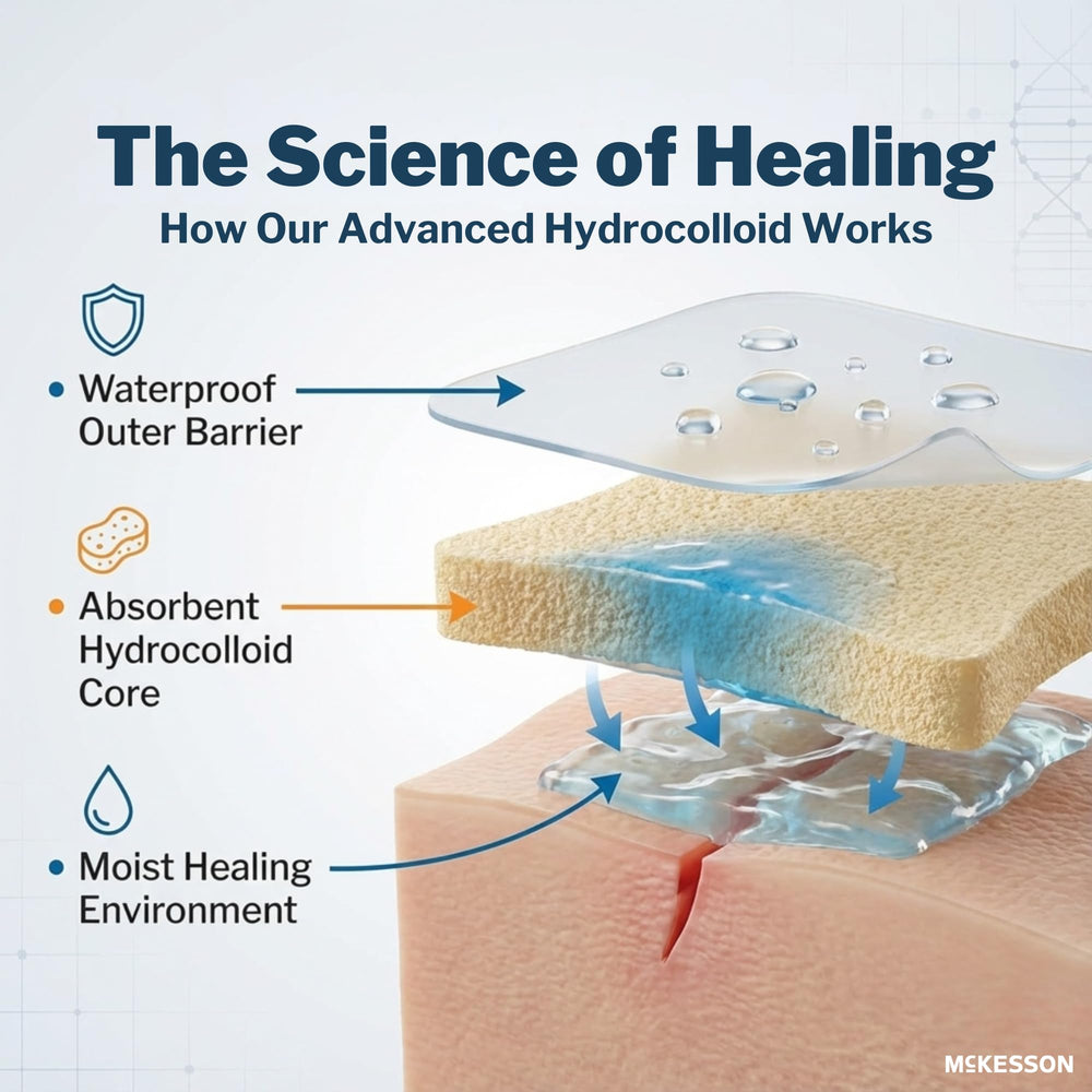 Waterproof outer barrier on McKesson dressing protects the surrounding skin.
